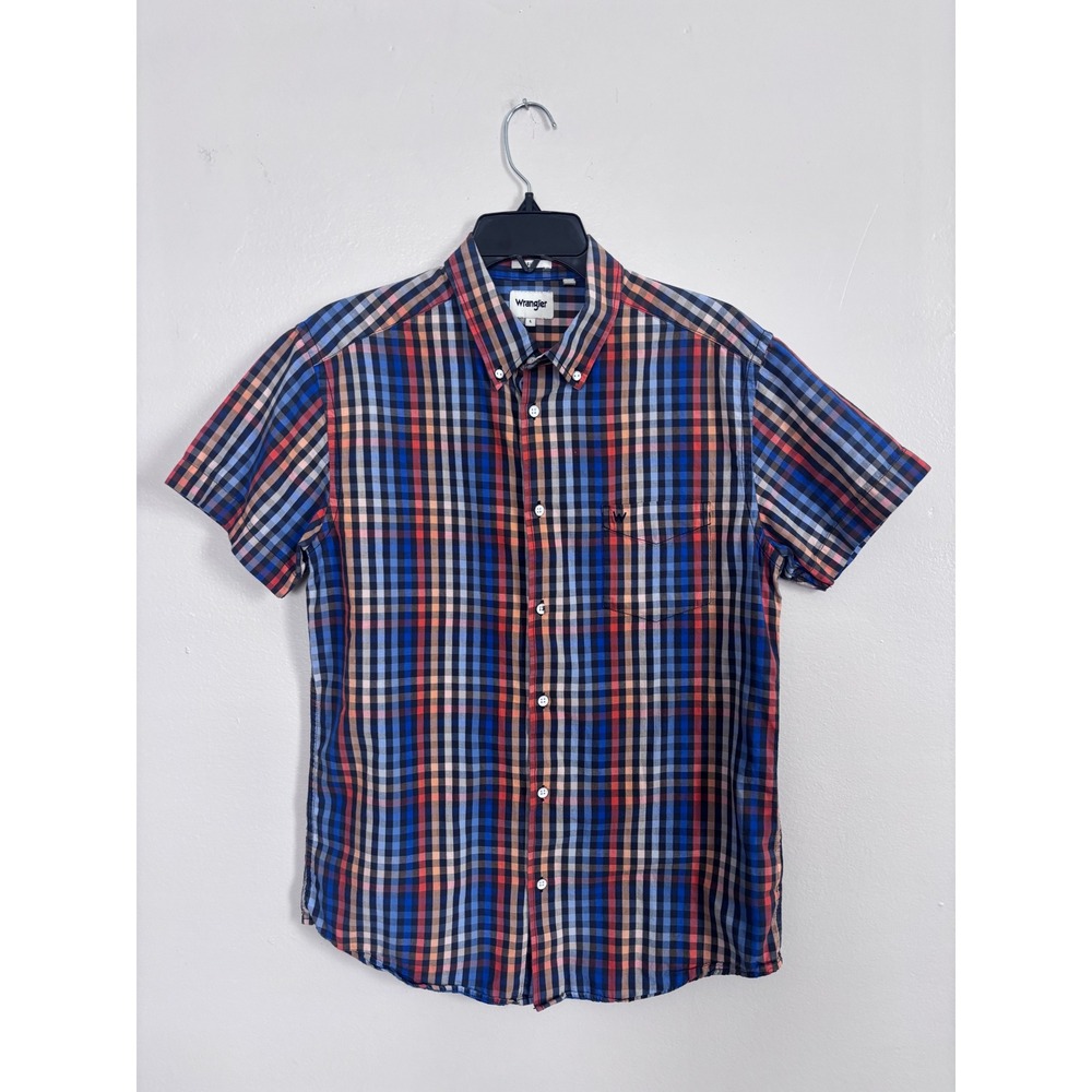 Wrangler Mens Large Short Sleeve Plaid Button Down Shirt Blue Orange